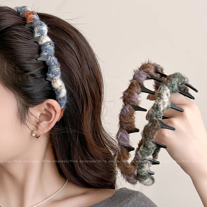 Color ondas de peluche correa de cabello para mujeres de alta presión craneal correa de cabello de invierno otoño con dientes antideslizante lavado de la cara correa de cabello