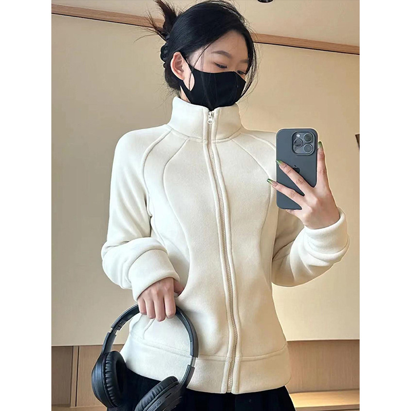 Fleece-Lined Jacket for Women, Short Spring Coat, Warm Fleece Top for Early Autumn, Slim Fit Stand Collar Inner Layer