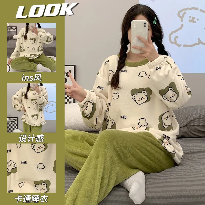 Pajamas women's autumn and winter coral fleece cute sweet thickened fleece-lined flannel winter student homewear suit