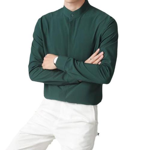 Men's Autumn New Arrival Lightweight Mature Style Korean Version Slim Fit Iron-Free Business Ice Silk Chinese Style Long-Sleeve Shirt Trendy