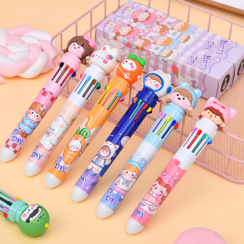 Caricaturas lindas y creativas multicolores bolígrafo de mano caja ciega bolígrafo multifuncional de color de presión bolígrafo de diez colores caja sorpresa afortunada