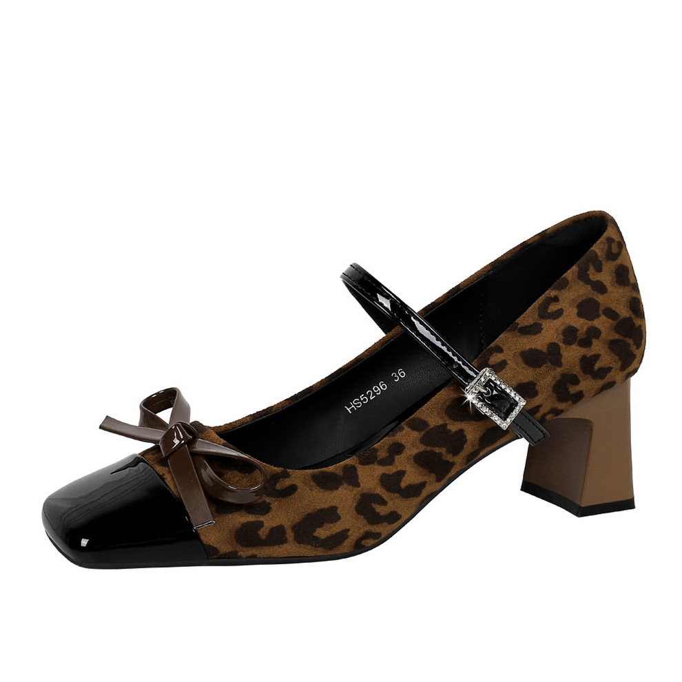 5296-H81 Leopard Print Color Block Mary Jane With Bowknot, Rhinestones, Square Toe, Suede, Shallow Mouth, Chunky Heel_vogvips.com