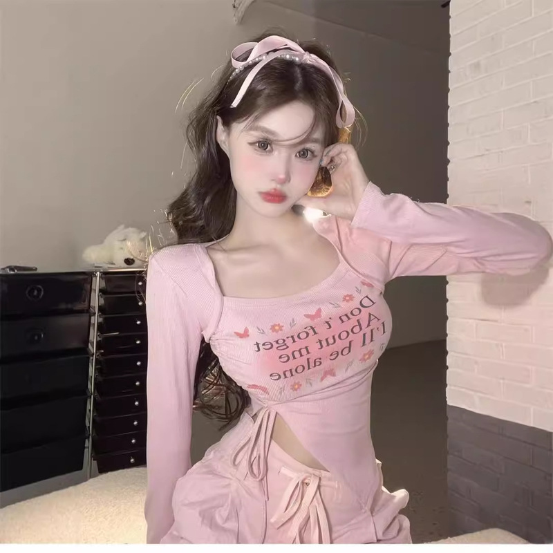 Dopamine Square Collar Drawstring Strap Irregular Long Sleeve T-shirt Women's Low Collar Hot Girl Tight Short Base Shirt Top