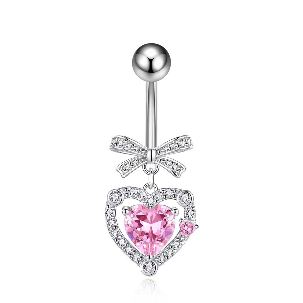 Stainless Steel Belly Button Ring With Pink Zircon Flower Charm_voghion.com