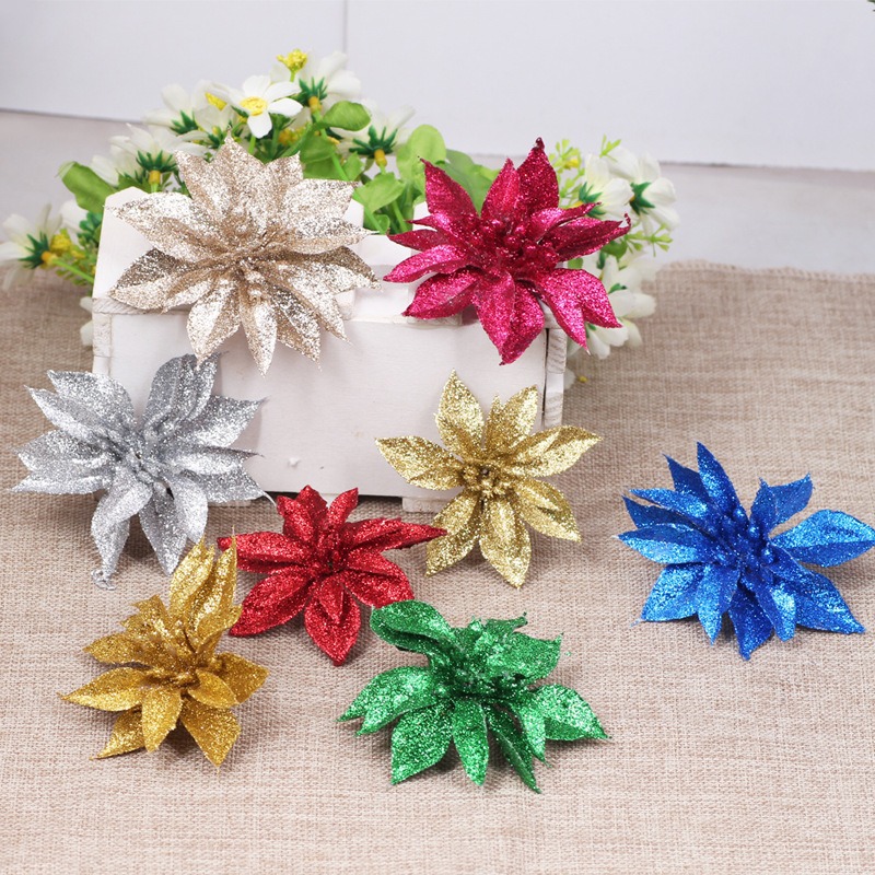 Fábrica directa de polvo de plástico sólido flor de Navidad guirnaldas de flores decoración de árbol de Navidad flores falsas en polvo de oro decoración de polvo de oro