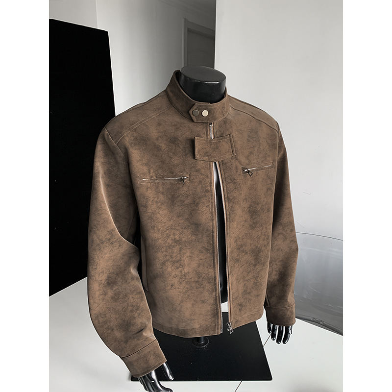 American Tie-Dye Pu Leather Jacket Men's Winter Thickeneded Cleanfit Stand-Up Collar Jacket Winter Handsome Right Shoulder Top