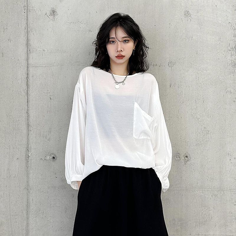 Women's Korean-style casual solid color long-sleeved T-shirt spring and autumn thin see-through batwing sleeve single pocket round neck bottoming top