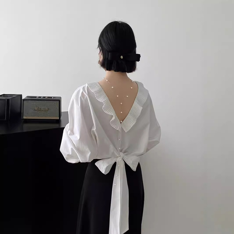 2026 Spring Batwing Sleeve Ruffled Tie Shirt Women's Blouse with Back Bow Chic Design Top