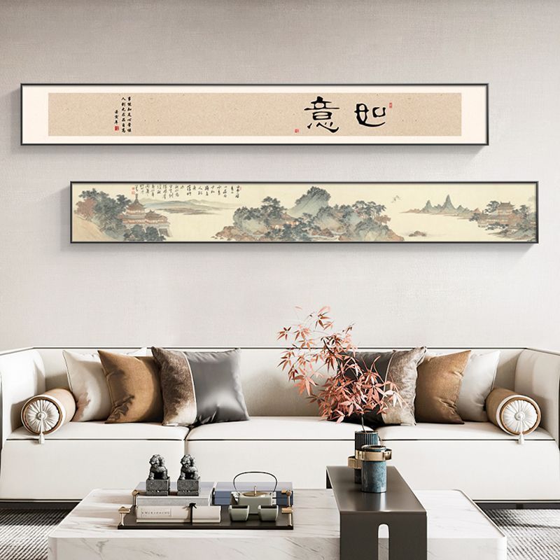 New Chinese-Style Tea Room Landscape Calligraphy and Painting Zen Hanging Painting Double Banner Narrow Strip Living Room Sofa Background Wall Decoration Painting