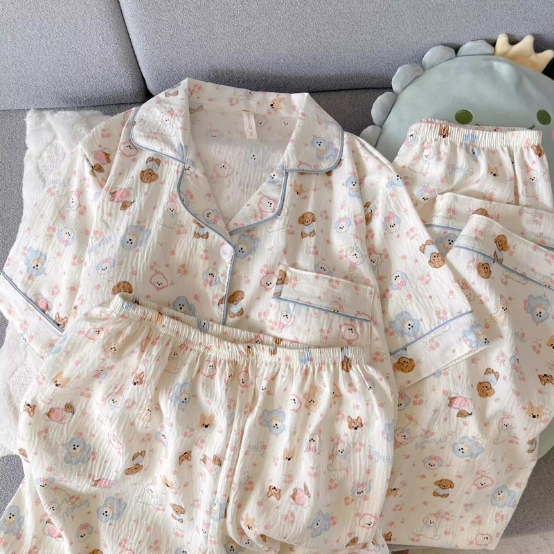 高颜值可外穿带胸垫睡衣女夏季短袖短裤三件套卡通纯棉纱布家居服|undefined