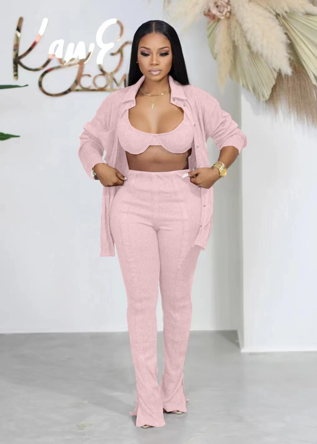 Fashion Solid Color Polyester Pocket Pants Sets 3 Piece Set