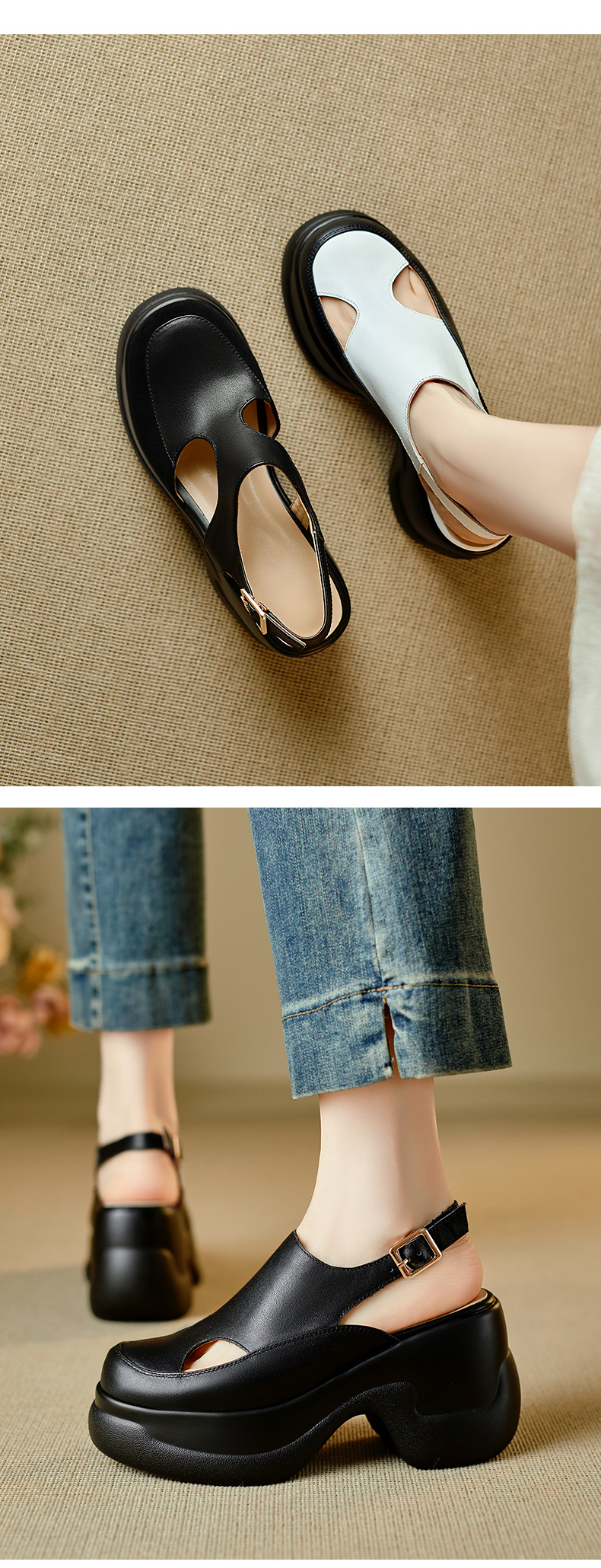 Sandal nữ cao gót đế xuồng platform mũi kín phong cách La Mã, gót 9.5 cm — màu đen, màu trắng chi tiết 4