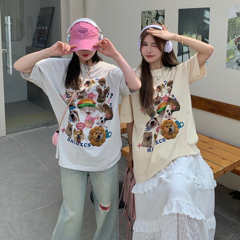 [32-Count Pure Cotton Double Yarn 240g] Animal Club Printed Short-Sleeved T-Shirt for Women American Fashion Brand