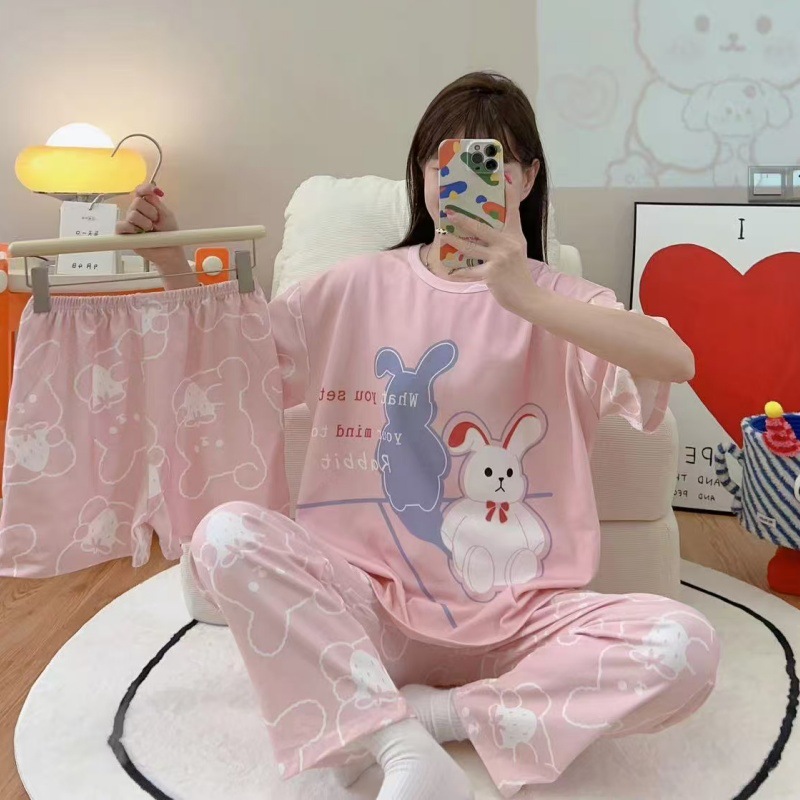 Pijamas de verano transfronterizos pijamas de leche de seda de tres piezas set de dibujos animados comercio exterior ropa para el hogar pantalones de mangas cortas lindos