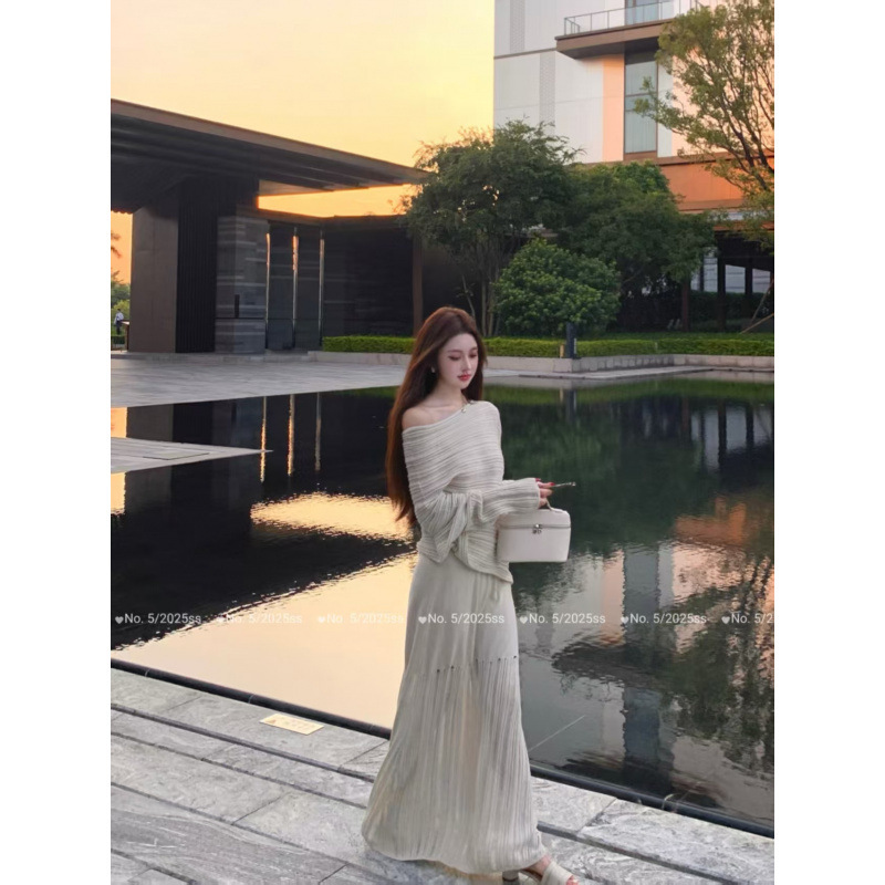 早秋韩系气质慵懒风宽松穿搭长袖针织坑条上衣+半身裙套装女|undefined
