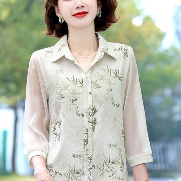 Three-Quarter Sleeve Shirt, Stylish Blouse for Middle-Aged Moms, Summer Fashion, Printed Loose Top, Grandma's Spring and Summer Wear Three-Quarter Sleeve Shirt, Stylish Blouse for Middle-Aged Moms, Summer Fashion, Printed Loose Top, Grandma's Spring and Summer Wear