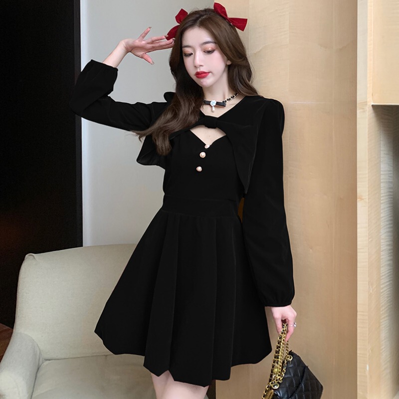Autumn and Winter Christmas Fashion Set Princess Style Long-Sleeve Shawl Strap Buttoned Ruched Dress Women's Two-Piece Set Cross-Border