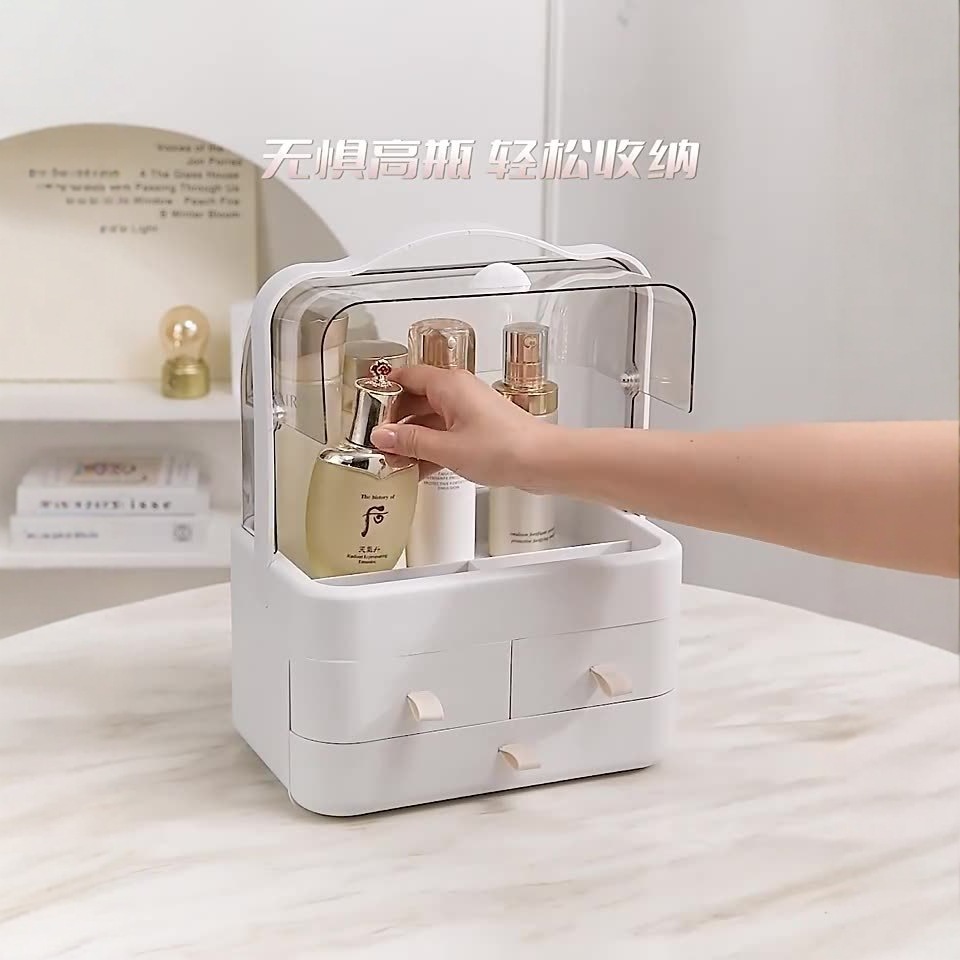 Caja de almacenamiento de cosméticos a prueba de polvo de gran capacidad de escritorio doméstico de acabado de tocador de lápiz labial estante de productos de cuidado de la piel