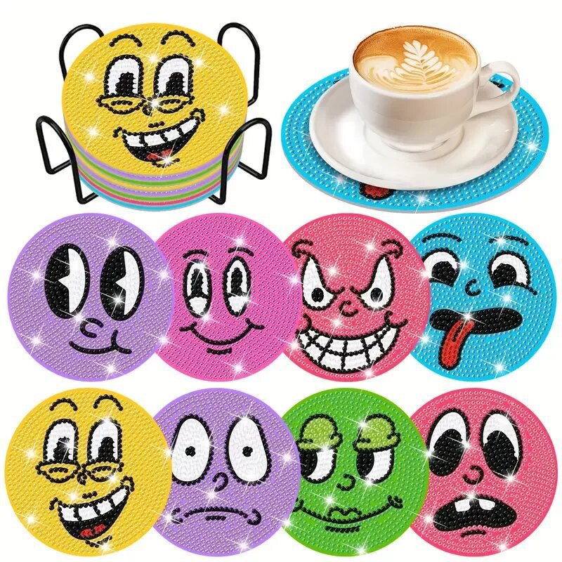Ventas transfronterizas calientes de 8 piezas de conjunto de cojín de taza de arte de diamante, con soporte, pequeño conjunto de pintura de diamante, adecuado para adultos
