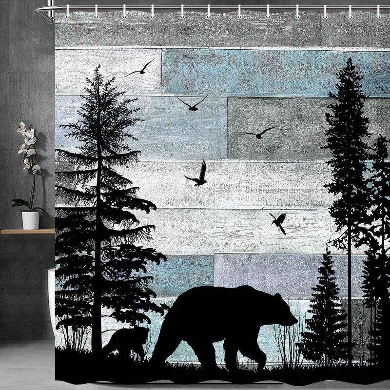 Cross-Border Shower Curtain Farmhouse Country Cottage Bear Shower Curtain Digital Printing Bathroom Toilet Waterproof and Mildew-Proof Partition Curtain