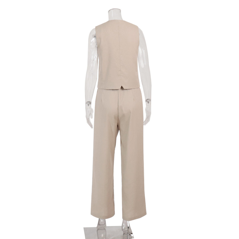 Bộ vest nữ hai mảnh áo vest không tay kèm quần cạp thấp phong cách hiện đại — Kaki, Màu cam, Màu đen chi tiết 4