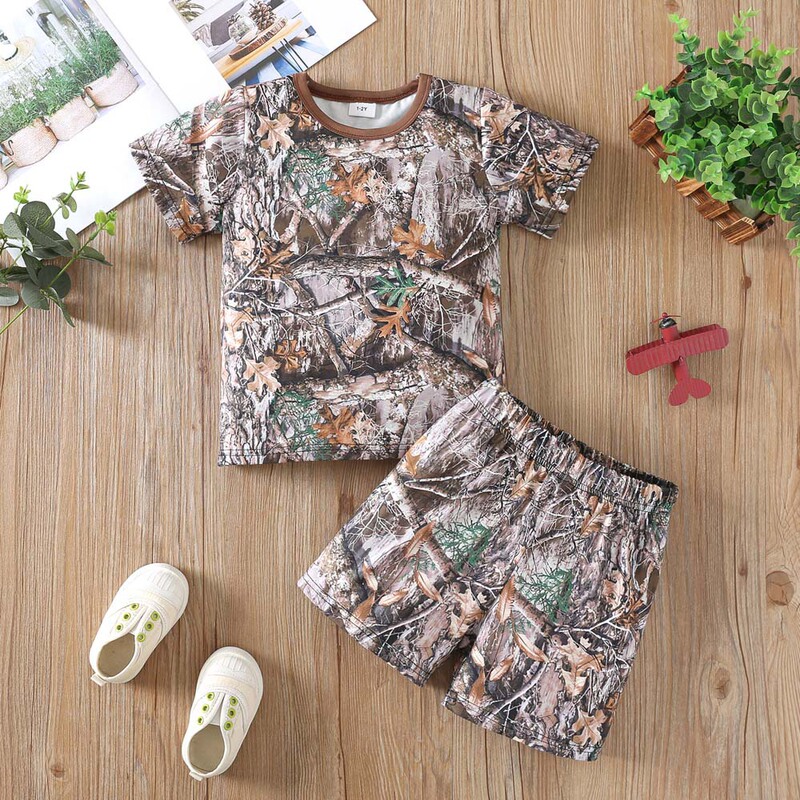 Boys' suit Summer Tree Pullover Shorts Two-Piece Cartoon Desert Leaves European and American Fashion Children's suit Boys' suit Summer Tree Pullover Shorts Two-Piece Cartoon Desert Leaves European and American Fashion Children's suit