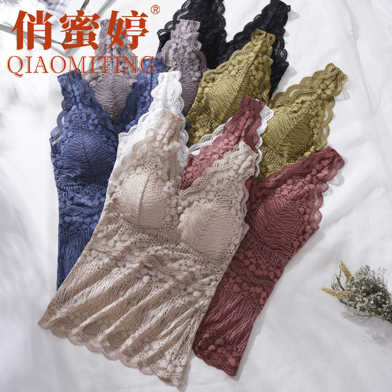 Women's Slim-Fit Solid Color V-Neck French Wide Shoulder Strap Underwear Without Steel Ring Lace Vest Underwear Women's Slim-Fit Solid Color V-Neck French Wide Shoulder Strap Underwear Without Steel Ring Lace Vest Underwear