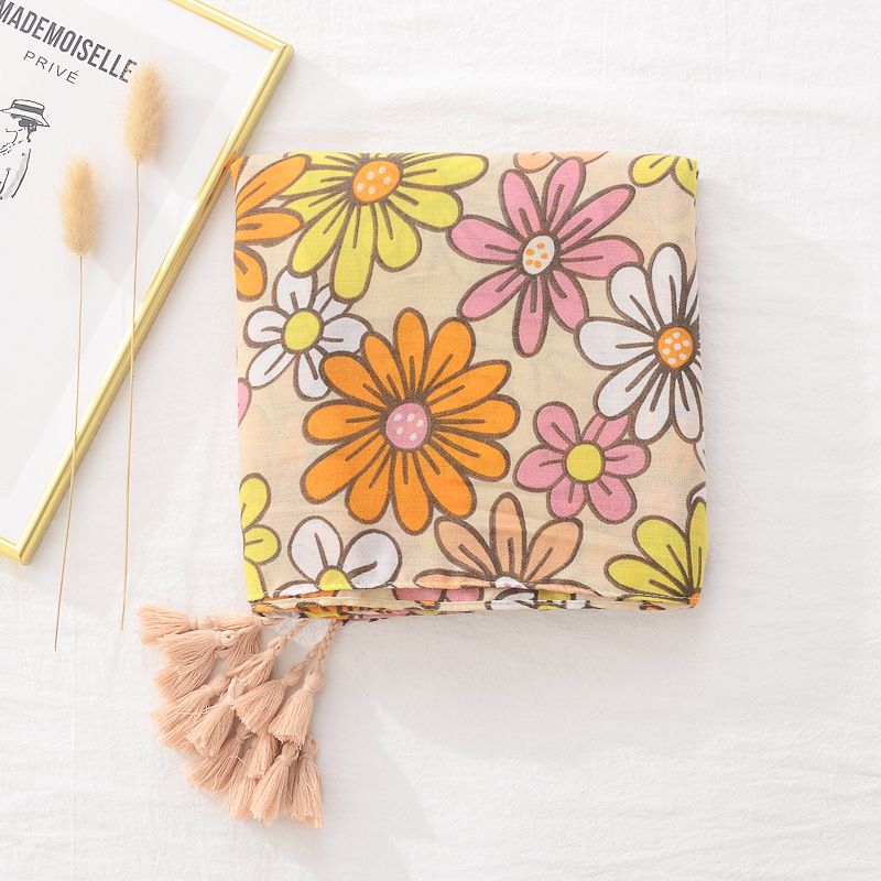 Amazon transfronterizo primavera y verano protección solar chal largo bufanda de seda delgada Margarita borla impresa bufanda de algodón y lino