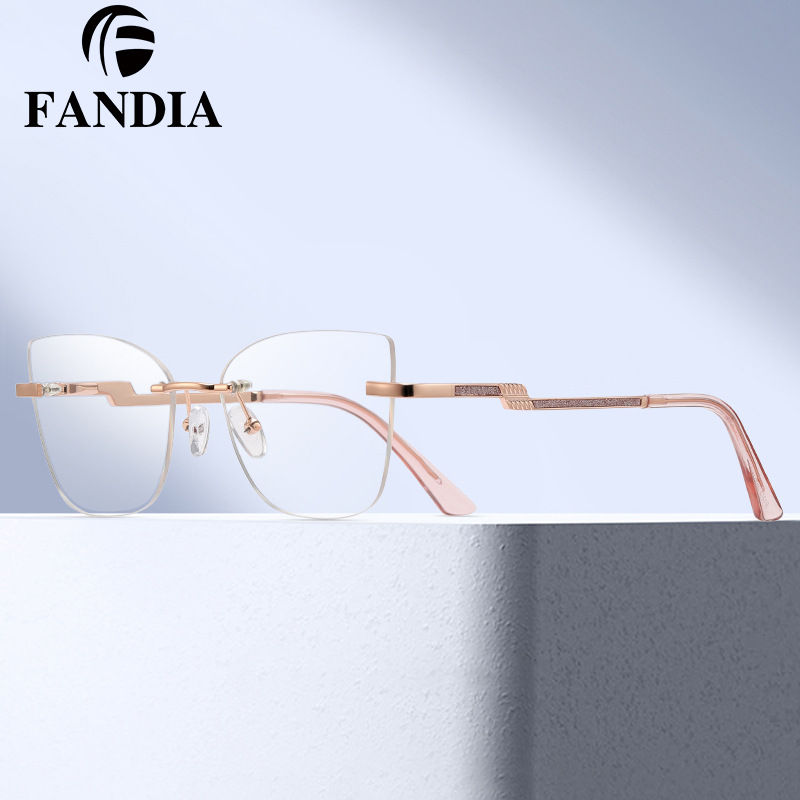 91375 nueva fábrica directa gafas sin montura para mujer marco óptico bisagra de resorte de metal pequeño hada sin maquillaje