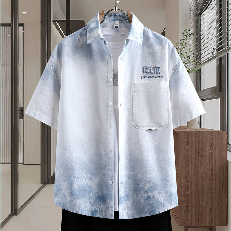 Pure Cotton Gradient Short-Sleeved Shirt for Men, Summer Wear, Thin Casual Shirt for Teenagers, Middle and High School Students, Cardigan Jacket
