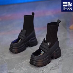 British Style Stockings Small Leather Shoes for Women 2025 Spring & Fall New Knitted Elastic Slim Socks Boots Thick Sole Heightening Short Boots