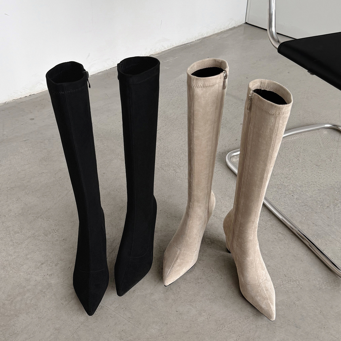 Boot nữ cổ cao da lộn mũi nhọn gót dày ôm chân — Lớp lót đơn màu mơ