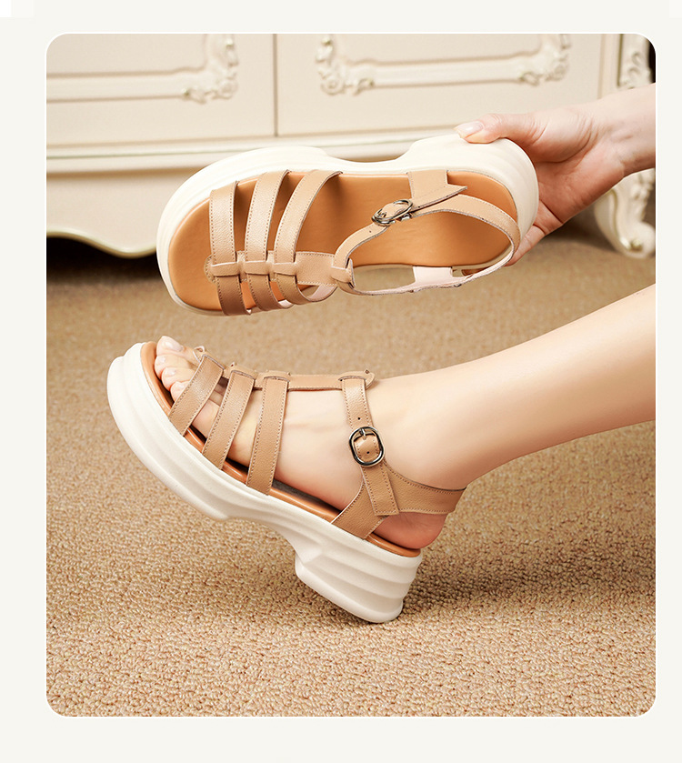 Sandal La Mã nữ da thật đế dày gót vuông quai ngang — Màu đen chi tiết 19