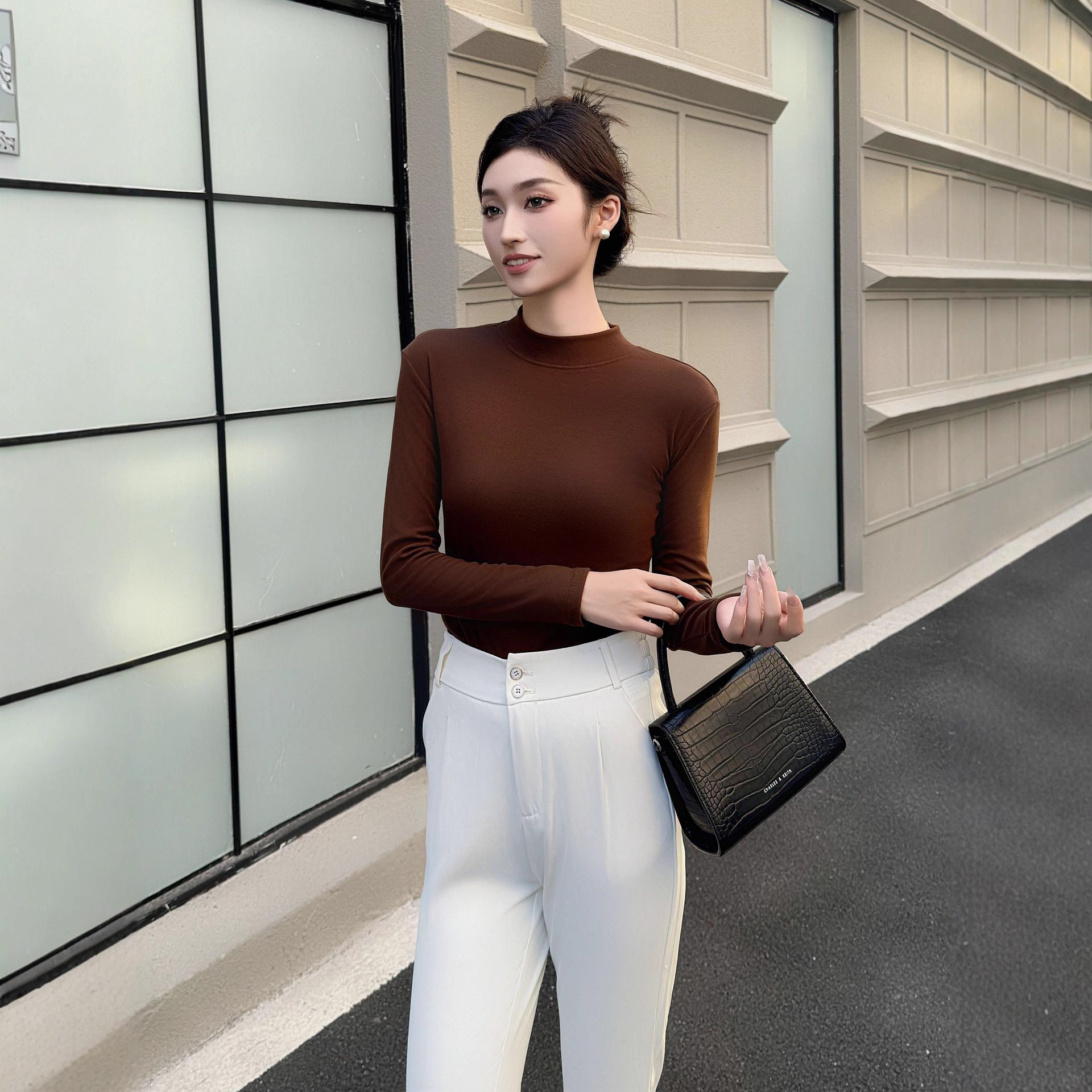 H528 Half-High Collar Mask Shirt for Women, Autumn and Winter Stand-Up Collar Base Shirt, Slim Fit, Warm, Can Be Worn Outside, Long-Sleeve T-Shirt Top