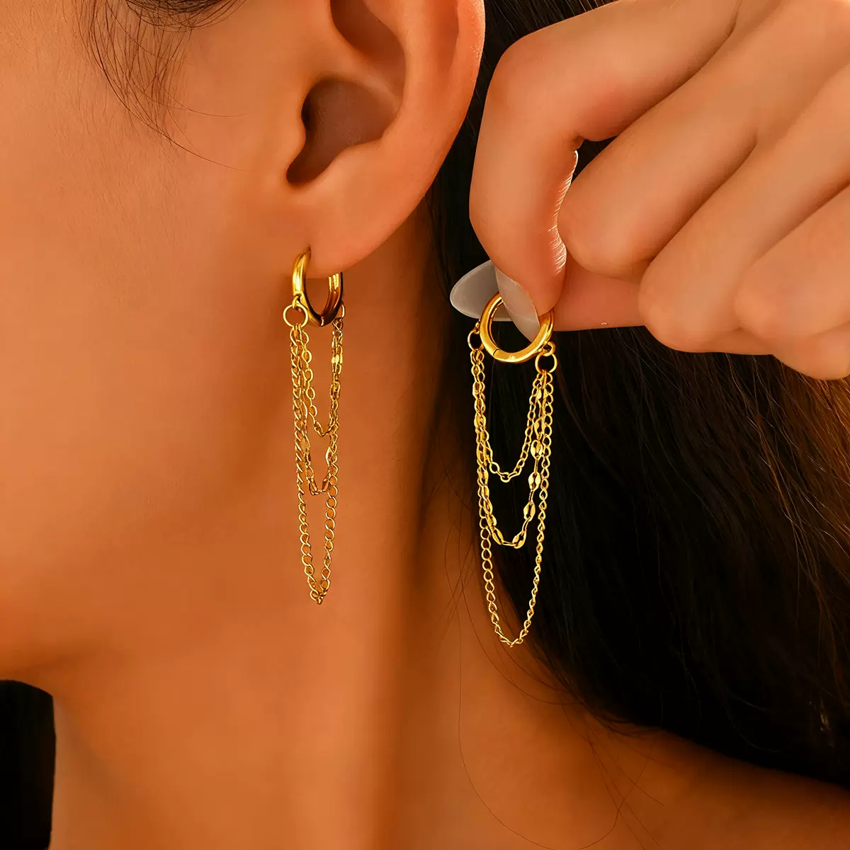 跨境欧美风女士耳环几何流苏链条设计百搭耳扣高级感耳饰品批发