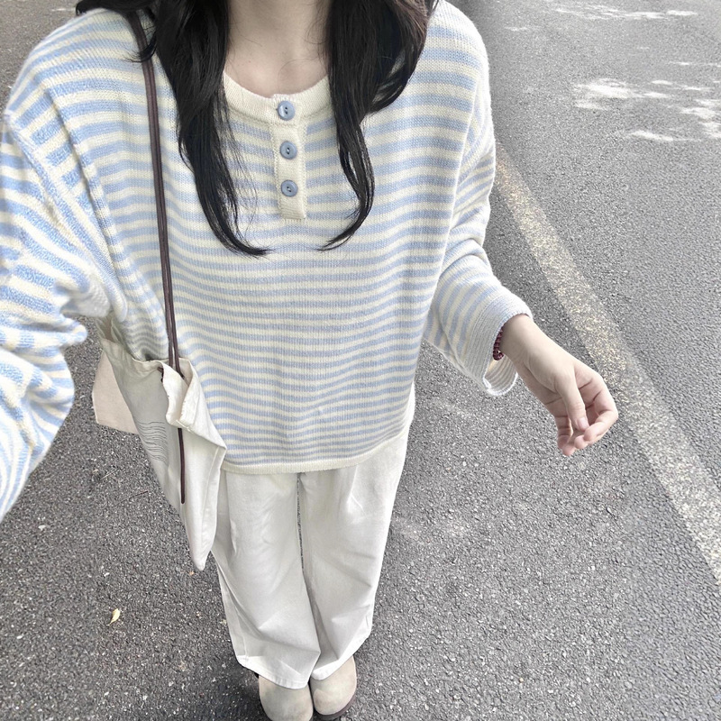 2025新款慵懒感蓝色条纹撞色针织衫上衣秋季穿搭宽松毛衣女早秋季|undefined