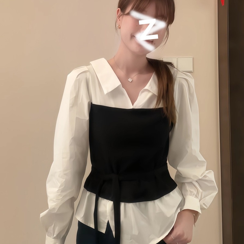2025法式感裹胸绑带长袖衬衫女秋装Polo领假两件撞色拼接显瘦上衣|undefined