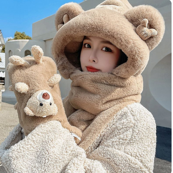 かわいい熊の帽子の子供の秋冬の3つのセットの保温のぬいぐるみの帽子のマフラーの手袋の3つのワンピースの帽子|undefined
