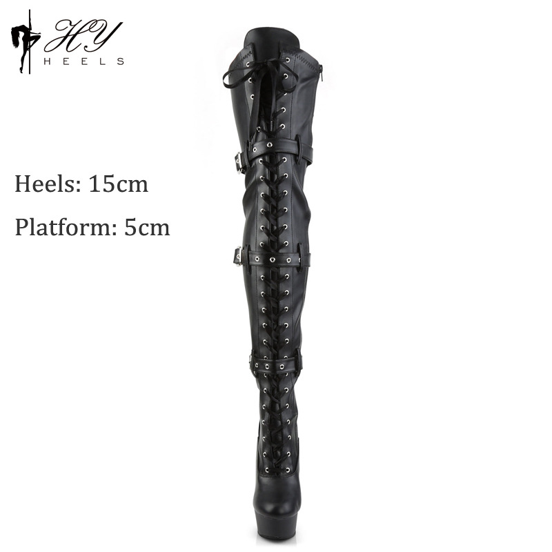 Boot đùi cao gót 15cm chống thấm nước mặt mờ, cỡ lớn — Màu đen, Các mặt hàng tùy chỉnh không được trả lại và không thể trao đổi