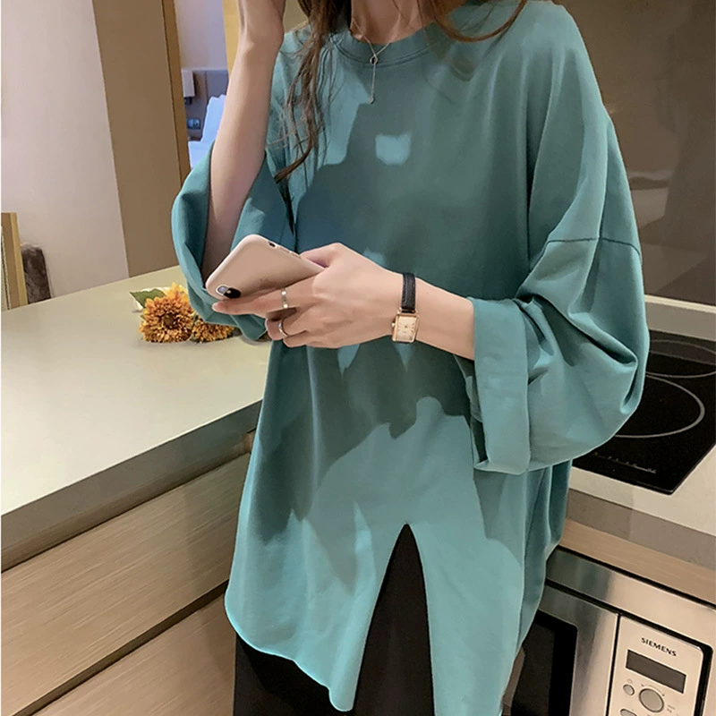 Женская футболка с длинными рукавами, свободная футболка средней длины в стиле k, новинка весны и осени 2020, однотонная футболка в ленивом стиле, нижняя рубашка
