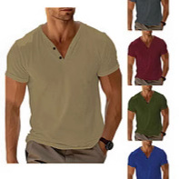 Nuevo TEMU transfronterizo hombre europeo y americano color sólido cuello V transpirable sudor deportivo casual ligero camiseta de manga corta regular