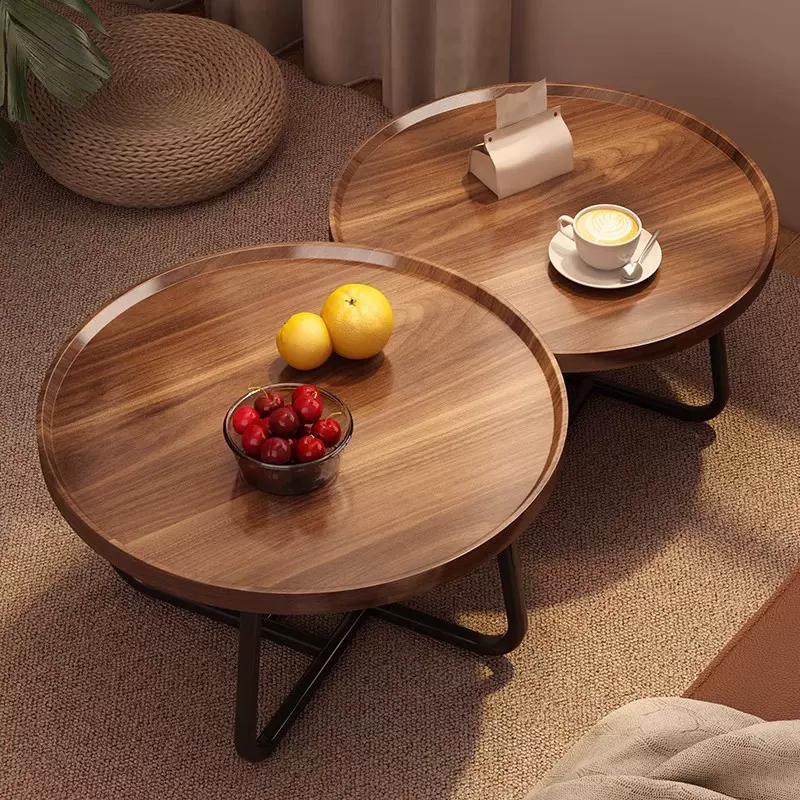 意式极简茶几客厅家用高级感阳台矮桌子圆形胡桃色宅寂风轻奢风