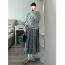 大码胖妹妹春季韩系氛围感穿搭蝴蝶结圆领长袖卫衣波点半身裙套装