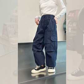 女童深蓝色工装裤春秋新款宽松阔腿裤中大童休闲多口袋长裤