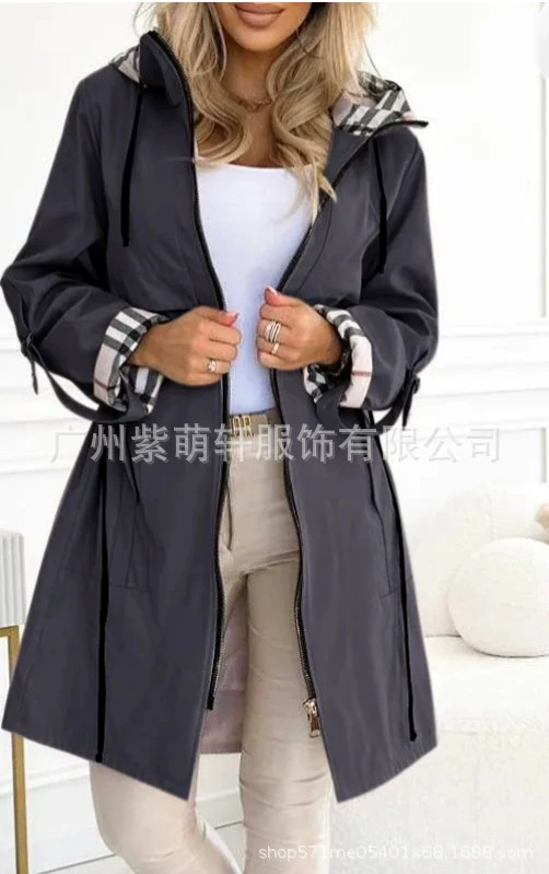 Демисезонное trench coat женское, с капюшоном, европейский стиль, молния и шнурок