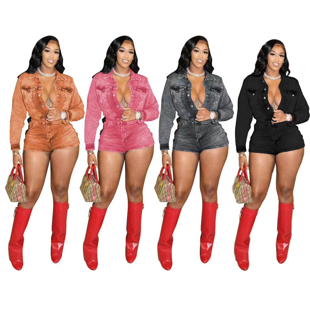 新牛仔长袖弹力连体短裤MZ88622现货亚马逊跨境爆款弹力连体短裤