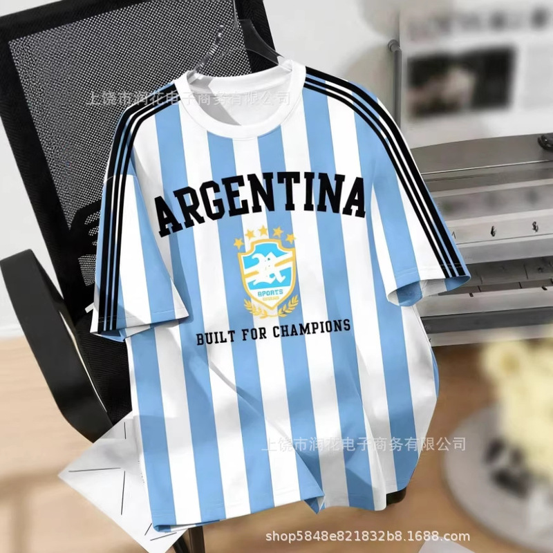 2026 Cross-Border Hot-Selling Argentina Blue and White Striped Short-Sleeve Messi Fan Casual Sports Top with Champion Theme 2026 Cross-Border Hot-Selling Argentina Blue and White Striped Short-Sleeve Messi Fan Casual Sports Top with Champion Theme
