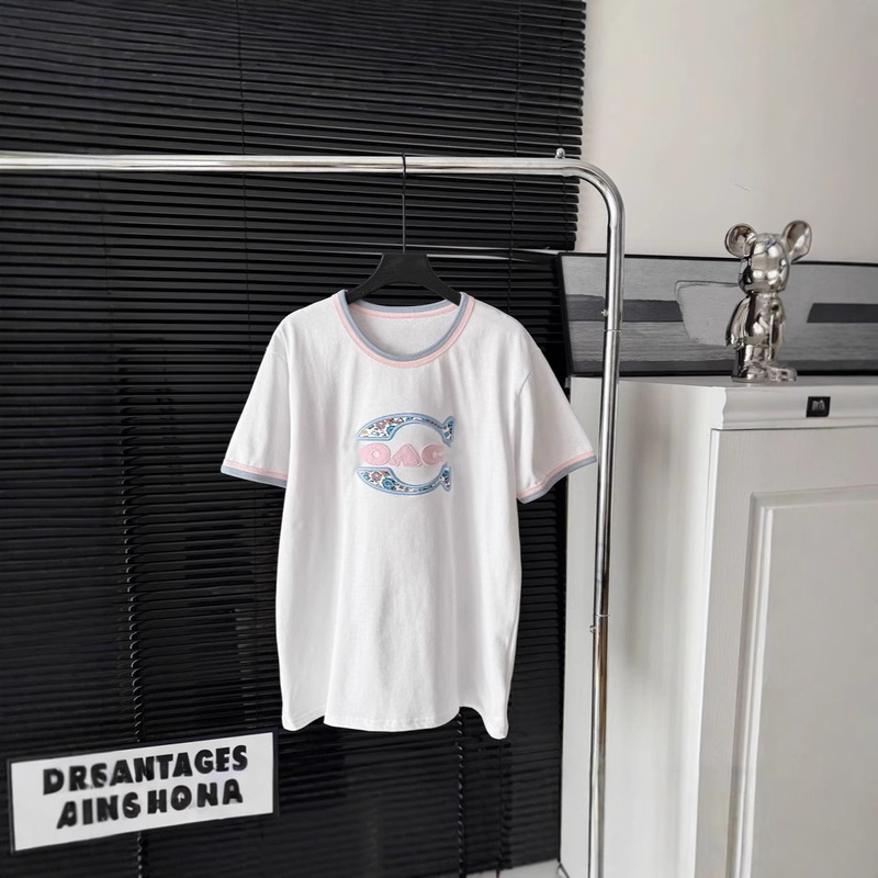 25 Summer CH Home New Leader's Mouth Color-matching Laser Cutting Embroidery Classic Pattern Crewneck Women's Pullover T-shirt