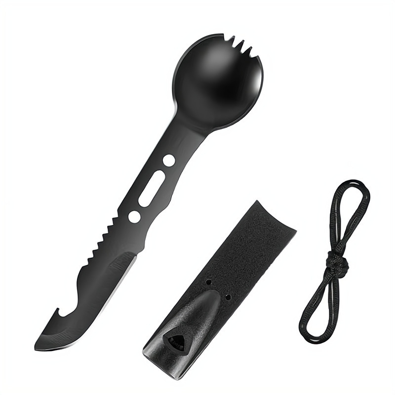 Outdoor multifunctional camping tableware knife, fork and spoon integrated combination outdoor knives stainless steel knives with whistle spoon