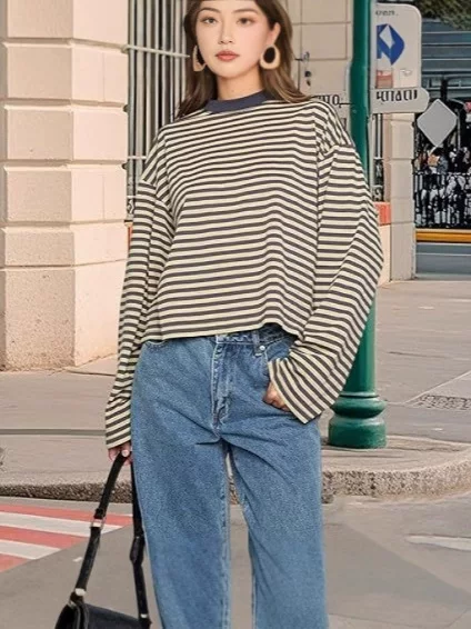 2025 Autumn Lazy and Relaxed European and American Style Casual Loose Easiest for Match Retro Contrast Color Striped Long Sleeve T-Shirt Top
